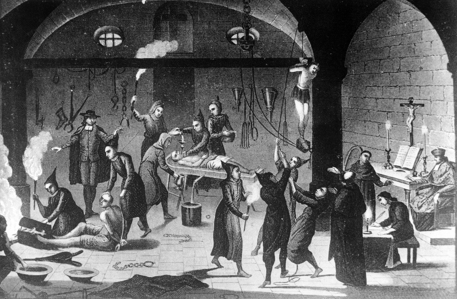 Suspected Protestants being tortured as heretics during the Spanish Inquisition