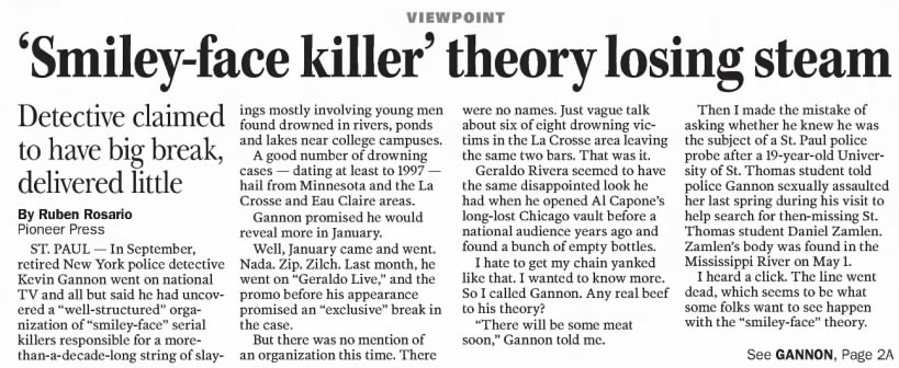 Smiley face killers theory losing steam headline on a newspaper