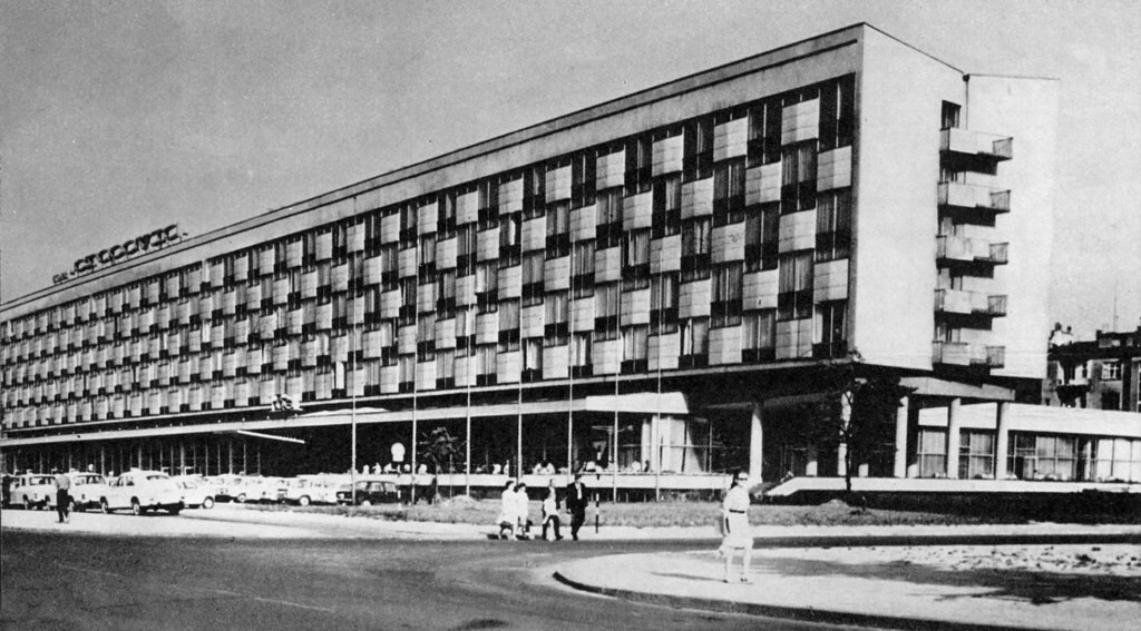 Soviet-era modernist hotel dominates broad city boulevard
