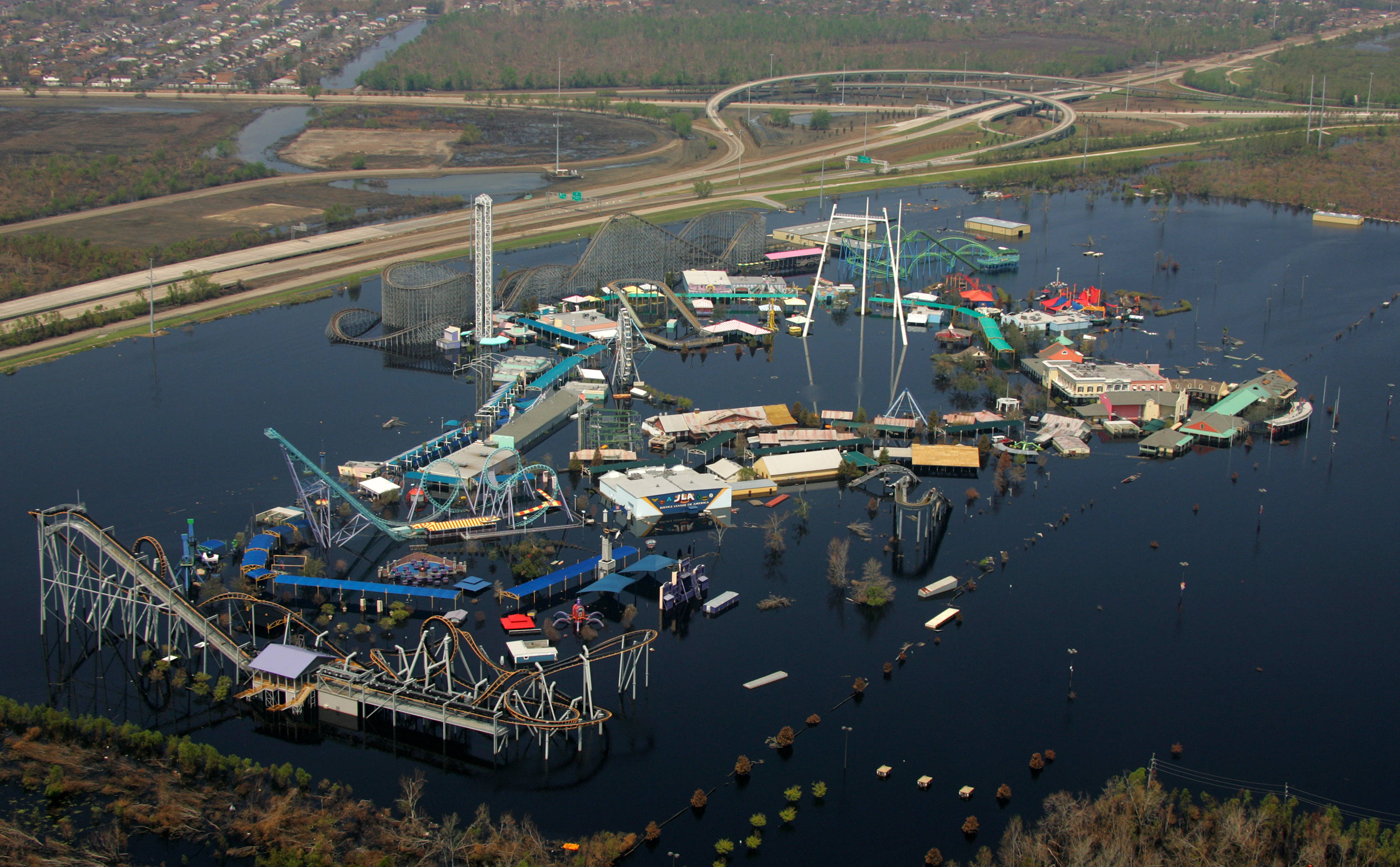 Flooded amusement park and roller coasters after storm